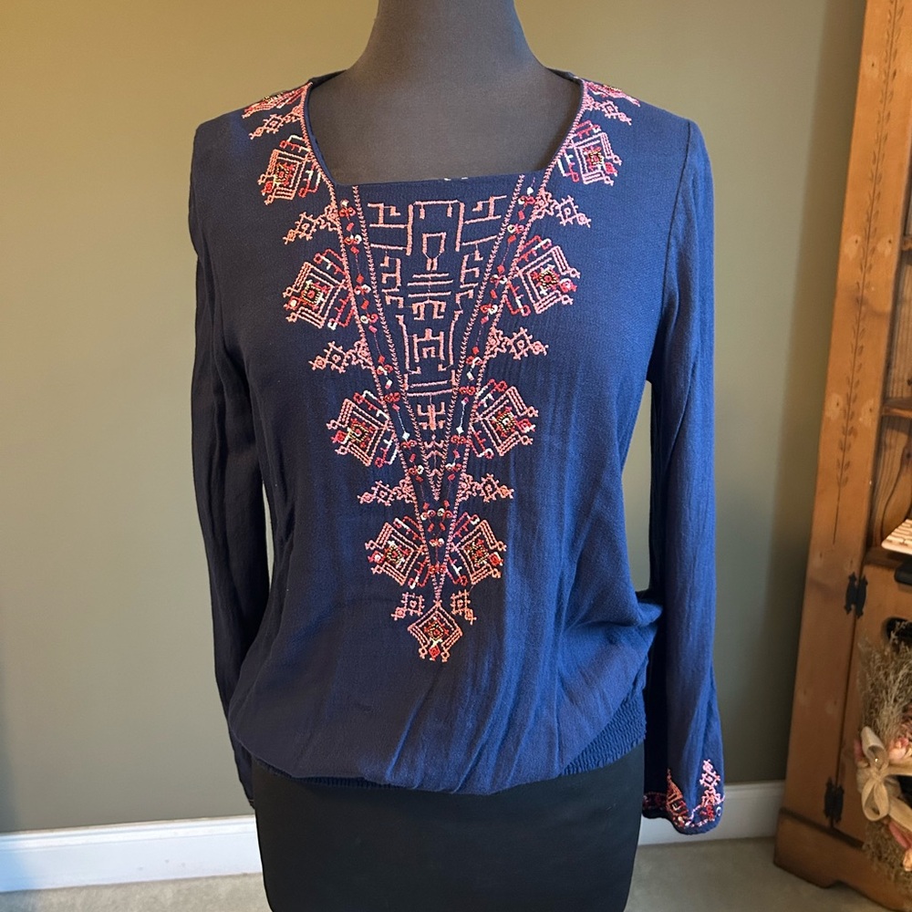 Embroidered Navy Blue Women's Top